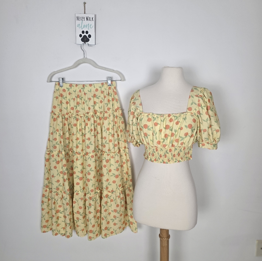 Blu Pepper Yellow Floral Tiered Midi Skirt & Puff-Sleeve Crop Top Set